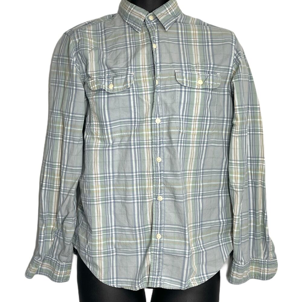 J CREW Button Up Shirt Men Size M Blue Plaid Long Sleeve Preppy 100% Cotton